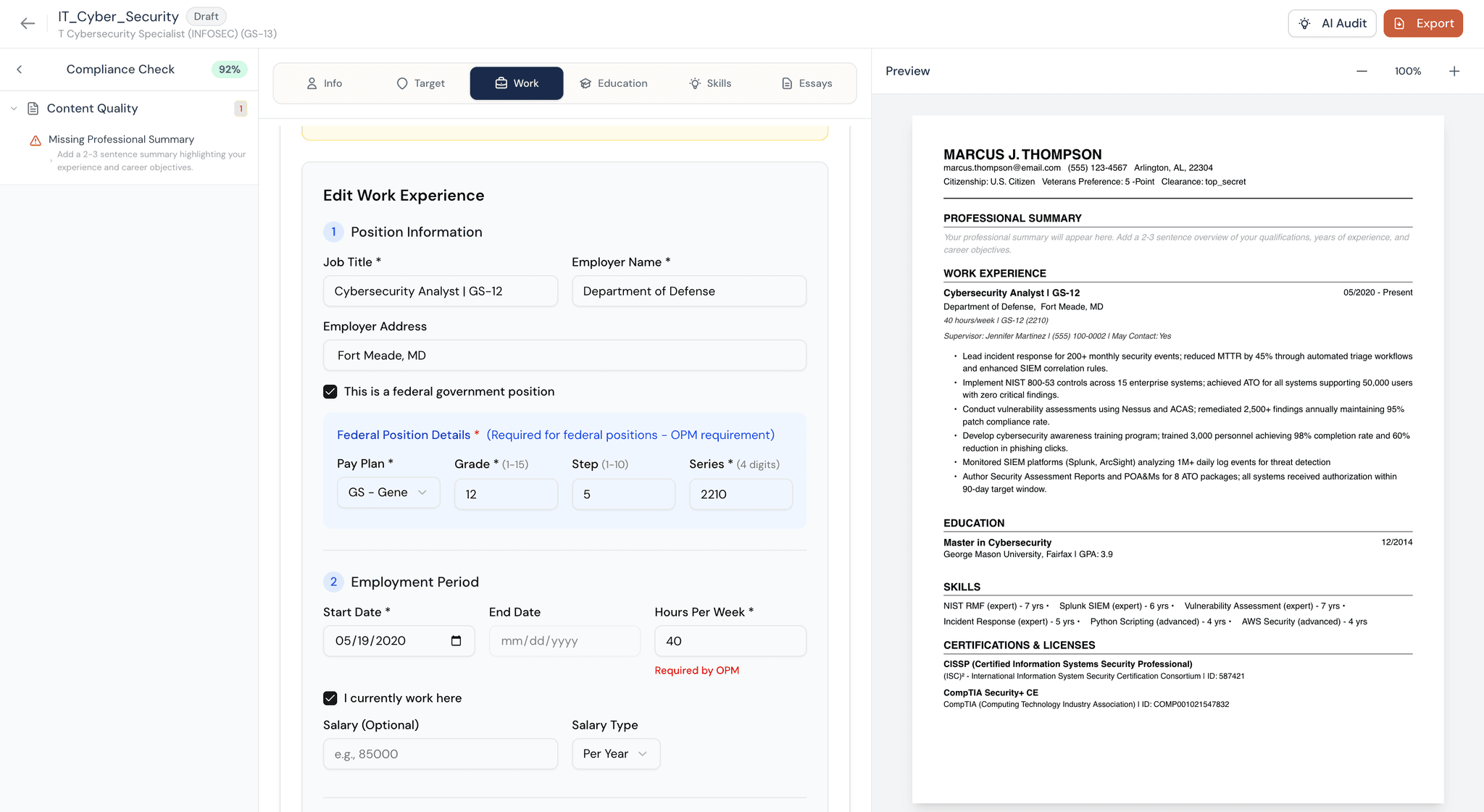 JobMatchPro Resume Builder Dashboard - Federal resume form with work experience, education, and skills sections